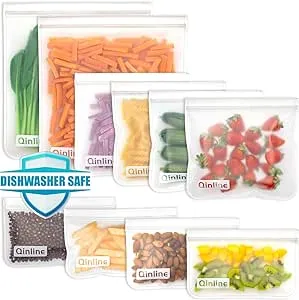 10 Pack Reusable Storage Bags - Freezer, Gallon, Sandwich & Snack Bags - BPA Free