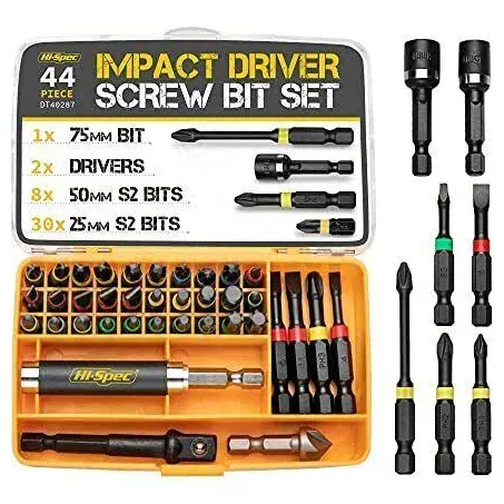 Hi-Spec 44pc Impact Drill Driver Screw Bit Set with Popular PZ & PH Sizes. 1/4 Hex S2 Screwdriver Bits with Nut and Socket Drivers.