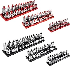 OEMTOOLS 22234 Socket Organizer, 6 Piece Socket Organizers, SAE and Metric, Socket Holders 1/4, 3/8, 1/2 Drive Sockets, Socket Holder for Toolbox, Red and Black