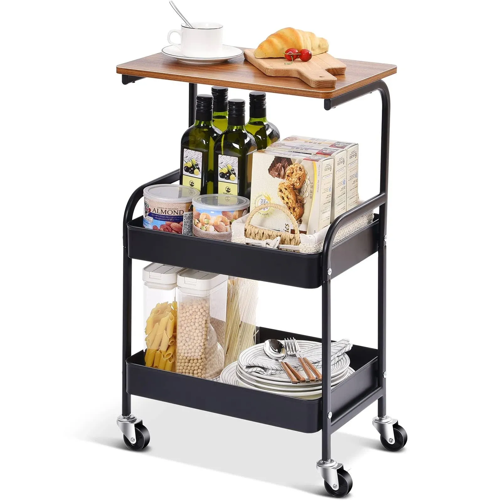 TOOLF Utility Cart with Wooden Table Top, 3-Tier Metal Rolling Storage Cart, Black Trolley Kitchen Organizer Rolling Desk with Locking Wheels for