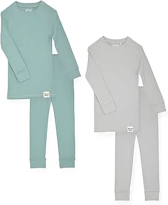 Sleep on It 4-Piece 100% Organic Cotton Rib Knit Pajama Sets for Boys & Girls, Green & Gray, Size 7