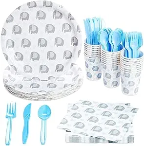 Blue Panda Elephant Baby Shower for Boys Theme Supplies, Birthday Party Decorations, Plates, Napkins, Cups & Cutlery (24 Guests,144 Pieces)