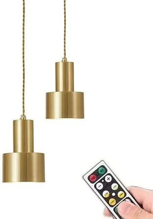 KEFA Modern Battery Operated Pendant Light Gold with Remote,1 Pack Non Hardwired