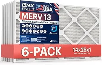 BNX TruFilter 14x25x1 Air Filter MERV 13 (4-Pack) - MADE IN USA - Electrostatic Pleated Air Conditioner HVAC AC Furnace Filters for Allergies, Pollen, Mold, Bacteria, Smoke, Allergen, MPR 1900 FPR 10