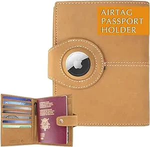 GARZINI Passport Holder with AirTag, Passport Wallet with RFID, Travel Accessories, Travel Document Holder with ID Window, Leather Passport Holder for 7 Cards, Camel Brown