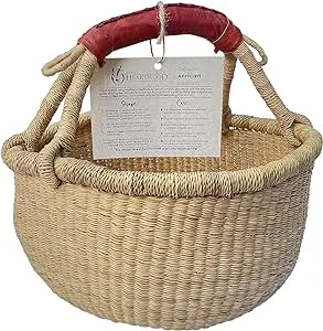 Africa Heartwood Project - Deluxe Medium Round Natural African Basket with Leather Handle - Classic Heartwood Bolga Market Basket from Women in Bolgatanga, Ghana - 14" Round (Flat-packed)