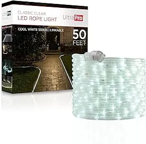 UltraPro LED Rope Lights, 50ft Classic Clear Rope, Cool White Light 5000K, Indoor/Outdoor, Flexible, Linkable, Durable, Rope Lights Outdoor, 54846