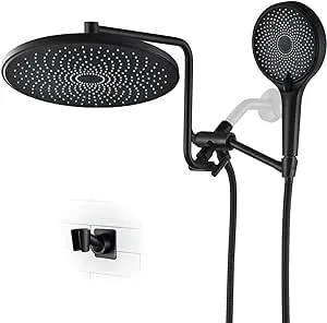 10" High Pressure Rainfall Shower Head with Handheld Combo, Upgrade 12" Extension Arm Height Adjustable, Powerful Shower Head, Brass Shower Holder Extra Long Shower Hose, Matte Black