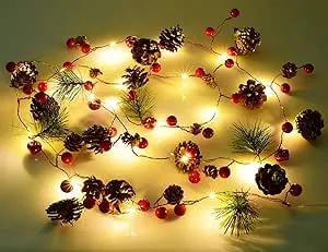 6.7FT Christmas Garland with Lights, 20 LED Red Berry Pine Cone Garland Lights B