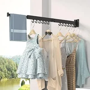 Clothes Laundry Drying Rack Wall Mounted, Retractable Garment Hanger with Hooks, Easy to Install, Strong Load-Bearing, Bi-Collapsible Clothes Dry Rack for Balcony, Bathroom, Bedroom