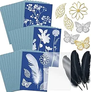 SNAIL GARDEN Sunprint Paper Kit, 30 Sheets A5 Cyanotype Paper with 1 Acrylic Panel, Sun Sensitive Paper with 6Pcs Plant Paper Cuttings & 3Pcs Feathers for DIY, Nature Sun Printing Kit for Kids Adults