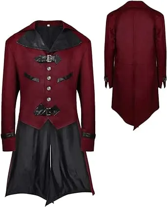 WISHU Mens Gothic Steampunk Jacket, Medieval Victorian Renaissance Tailcoat Vampire Halloween Costume Leather Collar Coat