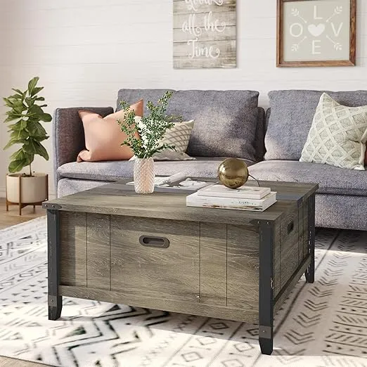 Bestier Farmhouse Coffee Table, Square Wood Center Table with Large Hidden Storage Compartment for Living Room, Rustic Cocktail Table with Hinged Lift Top for Home,Rustic Brown