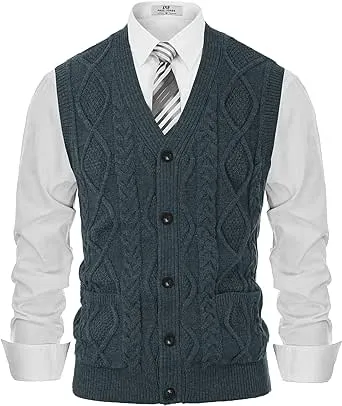 PJ PAUL JONES Men's Sweater Vest V-Neck Sleeveless Cable Knitted Cardigan Vest