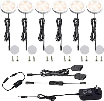 AIBOO Under Cabinet LED Puck Lights Kit with Touching Switch Dimmable for Kitchen Cupboard Closet Lighting (6 Lights,Warm White)