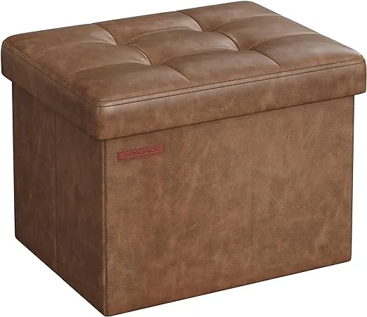 SONGMICS Small Folding Storage Ottoman, Foot Rest Stool, Cube Footrest, Synthetic Leather, 12.2 x 16.1 x 12.2 Inches, 286 lb Capacity, for Living Room, Bedroom, Dorm, Coffee Brown ULSF100K01