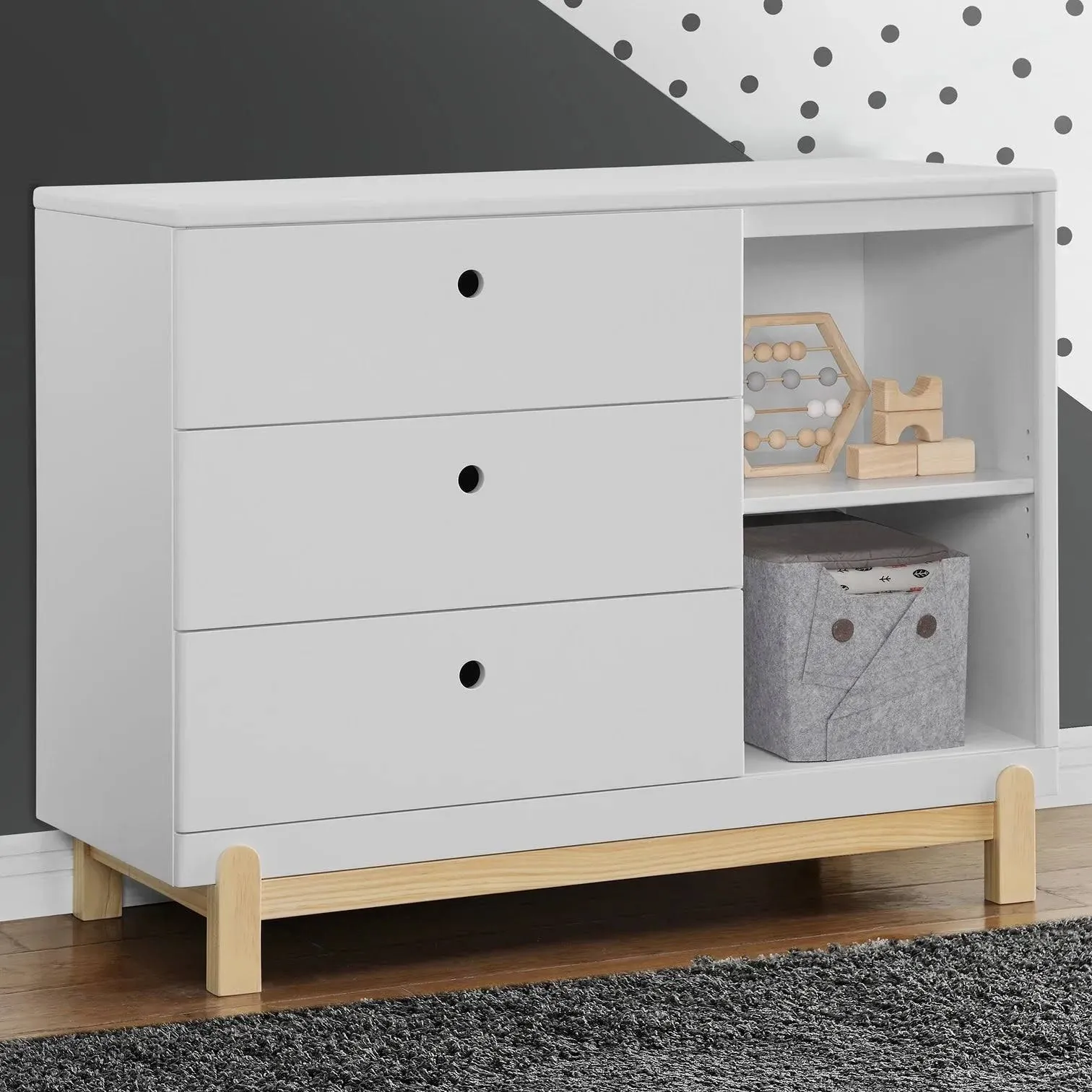 Delta Children Poppy 3 Drawer Dresser with Cubbies - Bianca White/Natural