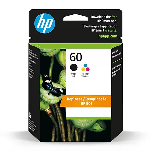 HP 60 Black/Tri-color Ink Cartridges (2-pack) | Works with DeskJet D1660, D2500, D2600, D5560, F2400, F4200, F4400, F4580; ENVY 100, 110, 120; PhotoSmart C4600, C4700, D110a Series | N9H63FN