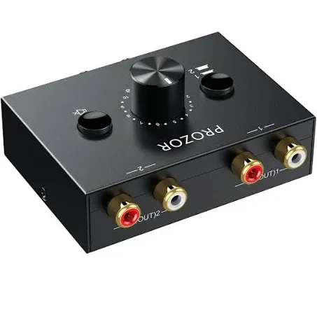 PROZOR RCA Audio Switcher 2(1)-In-1(2)-Out Bidirectional RCA Speaker Switch Box RCA Switcher with Volume Control Mute Button and No External Power Required