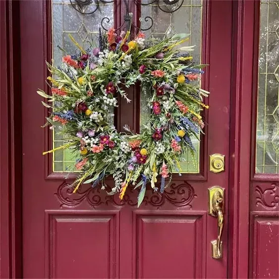 Spring Artificial Wildflower Wreath 20Inch Daisy Lavender Greenery Wreath Rustic Farmhouse Wreath Summer Wreaths for Front Door Spring Door Wreath