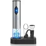 CIRCLE JOY 5-in-1 Electric Wine Opener Gift Set Stainless Steel Electric Wine Bottle Opener Battery Operated Corkscrew with Foil Cutter, Wine Pour, Wine Stopper and Storage Base, Silver