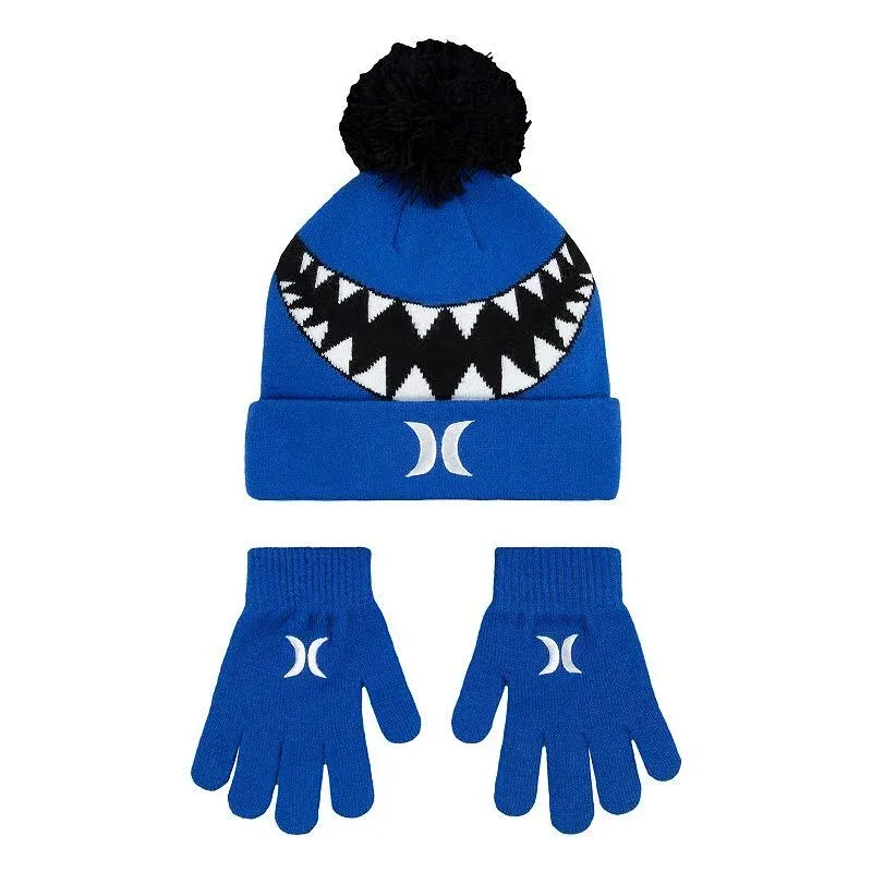 Boys 8-20 Hurley Sharkbait Pom Beanie Hat & Gloves Set