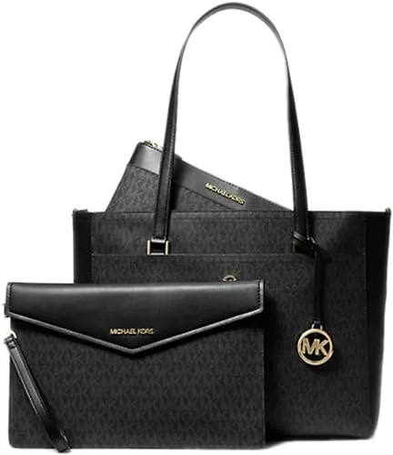 Michael Kors Maisie Large Leather 3-in-1 Tote Bag Black Brown Mk Signature