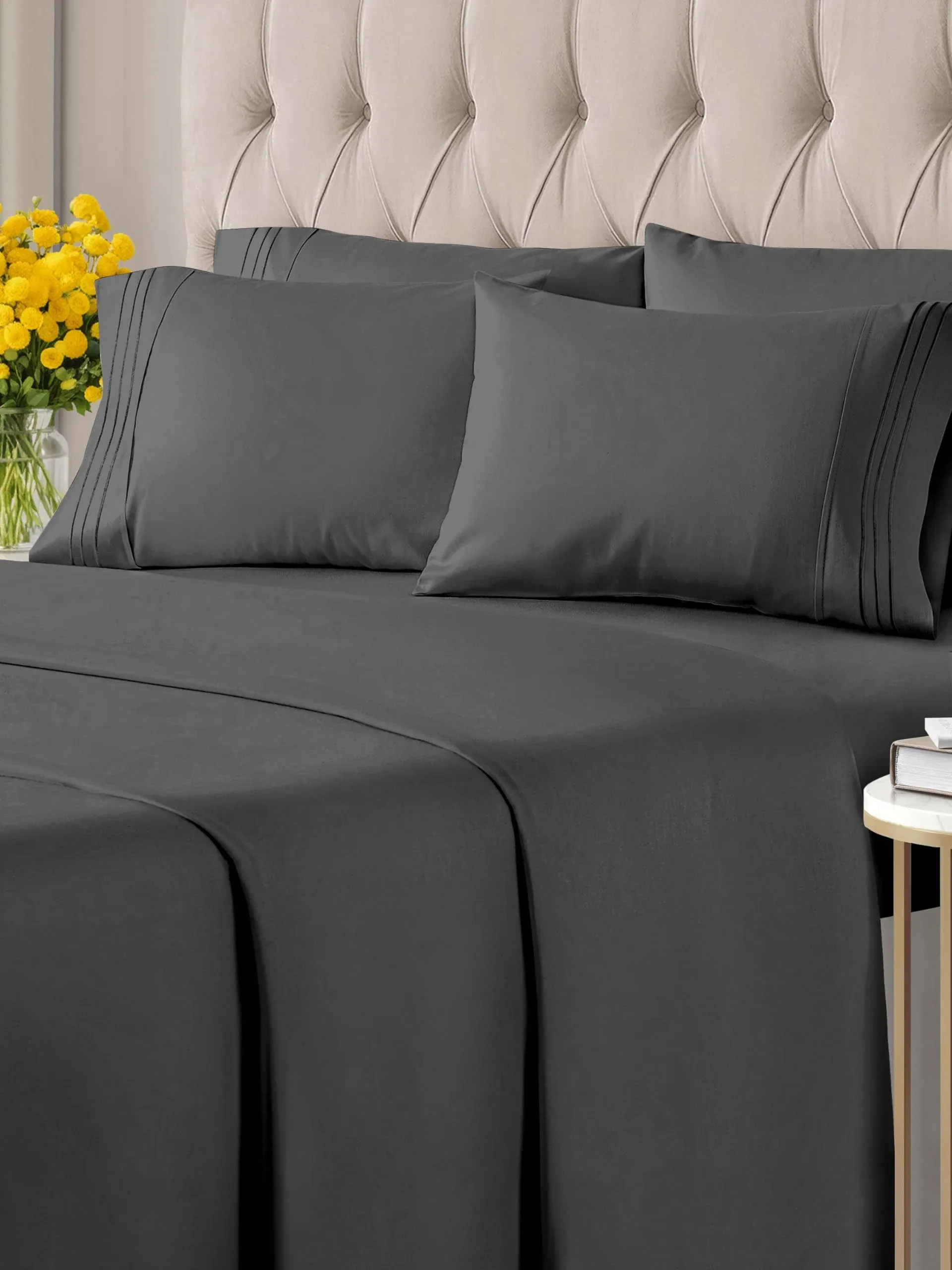 CGK Linens 6 Piece Solid Deep Pockets Microfiber, Easy-Fit Bed Sheet Set - Queen - Dark Grey