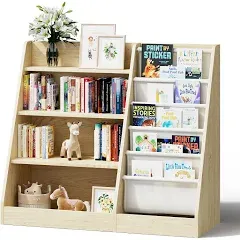 4 Tier Kids Wooden Bookshelf,Five Layer Sling Children Bookcase,Baby Storage Book Rack,Book and Toy Organizer Cabinet Chest,Book Display Shelf,Playroom Nursery Classroom Library