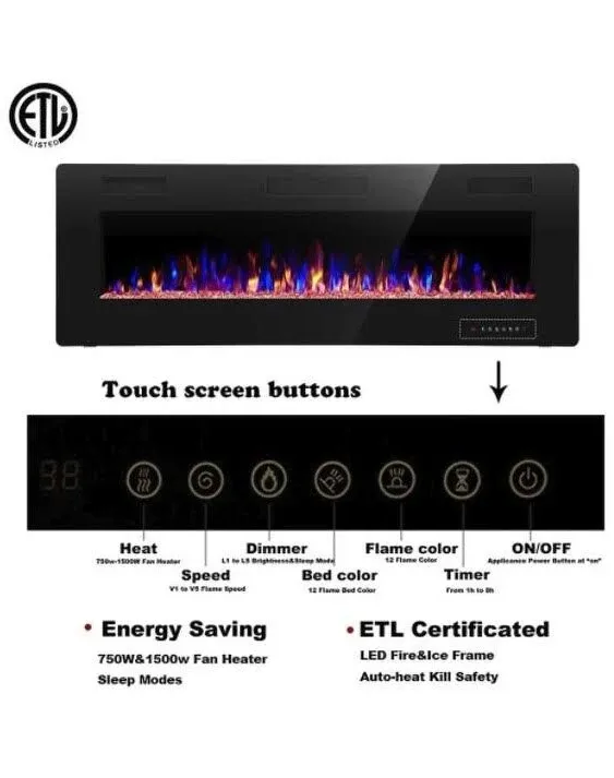 Electric Fireplace Heater Recessed Wall-mounted w/ RC (750-1500W)