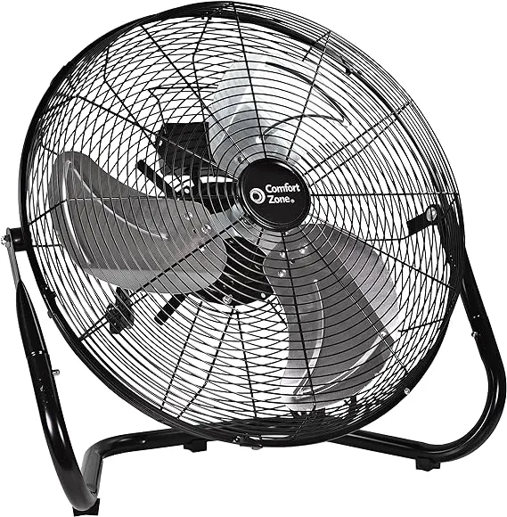 Comfort Zone Cradle Floor Fan, Electric, High-Velocity,180 Degree Adjustable Tilt, 18 inch, 3 Speed, Carry Handle, Rubber Feet, Metal, Airflow 19.36 ft/sec, Ideal for Garage or Workshop, CZHV18BK