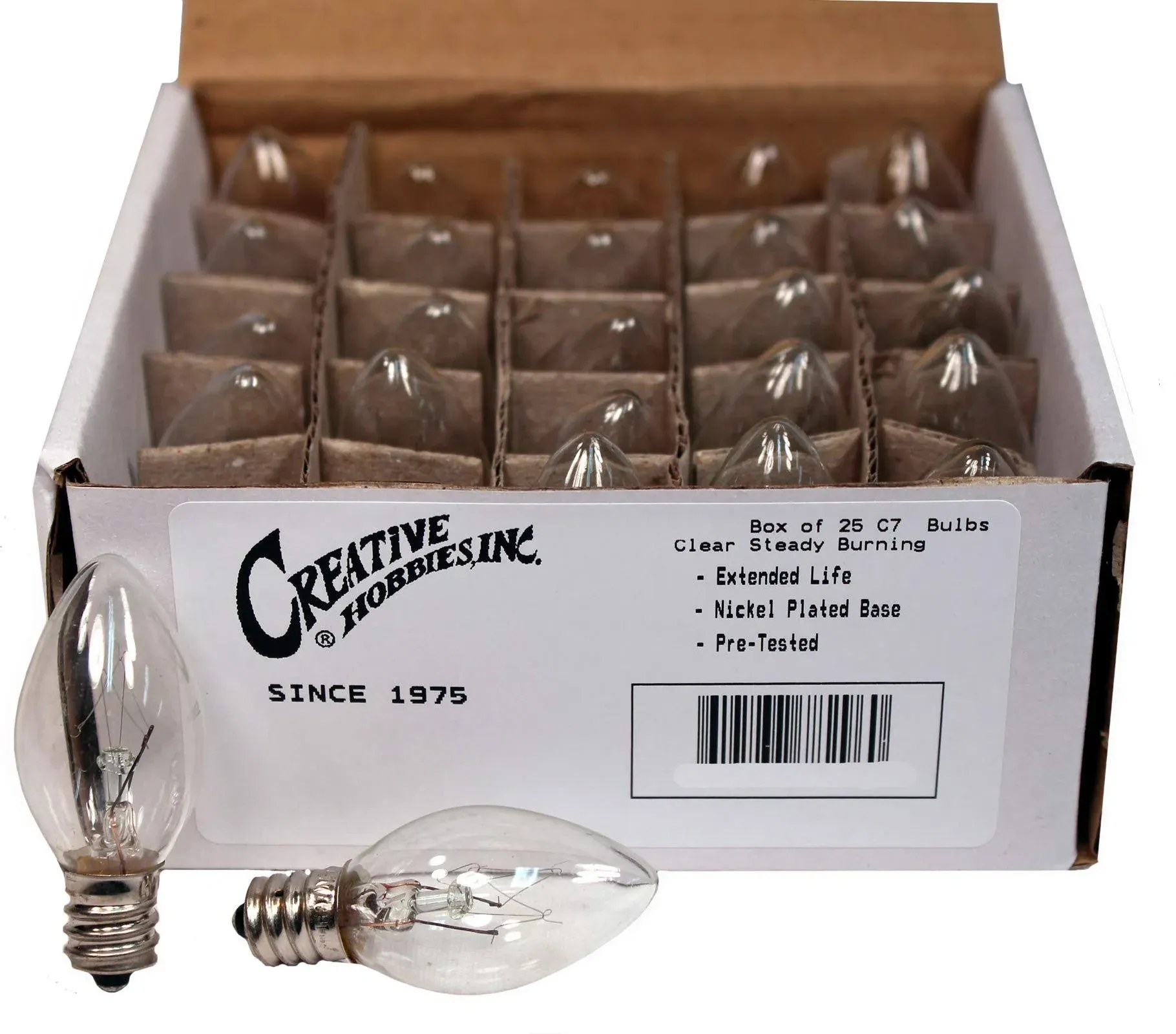 Creative Hobbies 25 Pack of 4W Night Light Bulbs, Incandescent C7, Clear, Steady Burning, 4 Watt, Candelabra Base E12 (Chandelier Size Base)