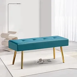 Bench for Entryway, Upholstered Dining Bench with No Arms Accent Bench Elegant Velvet Living Room Bench Tufted with Strong Metal Legs for Unisex