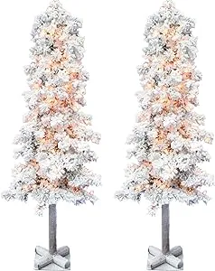 Fraser Hill Farm 5-Ft. Snowy Alpine Flocked Accent Tree with Clear Lights, Set of 2