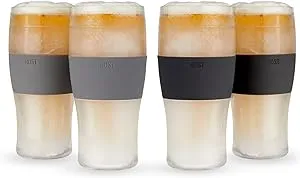 Host Freeze Beer Glasses, 16 ounce Freezer Gel Chiller Double Wall Plastic Frozen Pint Glass, Set of 4, Black and Grey