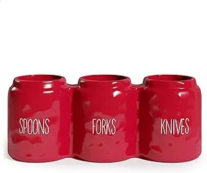 Barnyard Designs Silverware Caddy for Countertop - Cutlery Organizer for Spoon, Fork, and Knife - Ceramic Utensil Holder for Flatware or Plasticware - Perfect for Parties - 12.5” x 4.25” x 5” (Red)