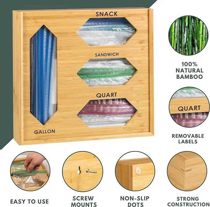 Durable Storage Solution with Kitchen Drawer Organizer - Durable Bamboo Material, 4 Storage Compartments, For Ziplock Gallon, Snack, Sandwich, and Quart Bags, Complete with Label Stickers