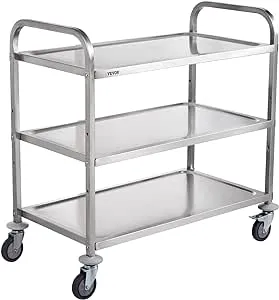 VEVOR Kitchen Utility Cart, 3 Tiers, Wire Rolling Cart w/ 450LBS Capacity, Steel Service Cart on Wheels, Metal Storage Trolley w/ 80mm Basket Curved Handle PP Liner 6 Hooks, for Indoor and Outdoor Use