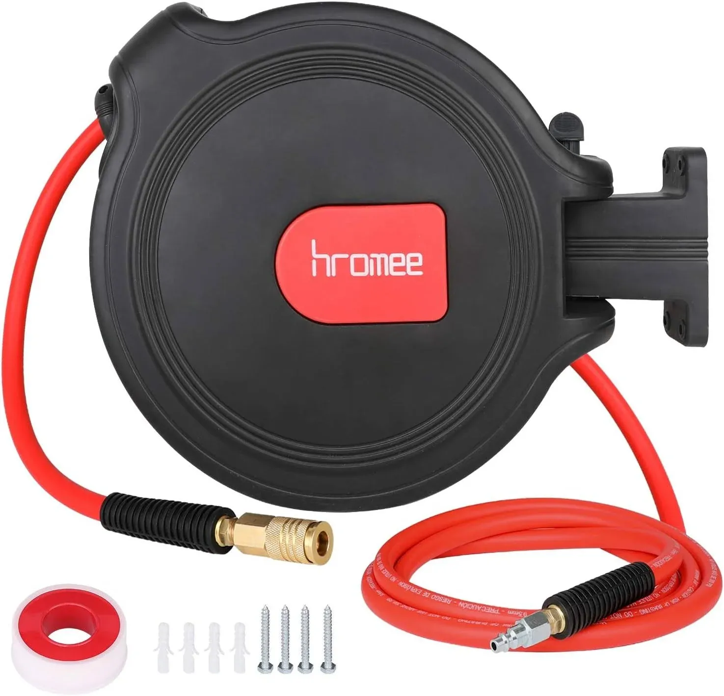 Hromee Air Compressor Hose Reel with Automatic Retractable Enclosed 3/8 Inch × 50 Feet Hybrid Pneumatic Hose, Fittings and Swivel Mount Bracket MAX. 300PSI