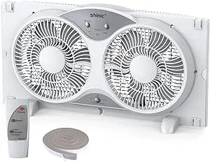 shinic Window Fan with Reversible Airflow Quiet, Twin 9" Blades, Full Remote Control, 3 Functions-3 Speeds, Bathroom Kitchen Window Exhaust Fan, Width Adjustable (From 23.5" to 37") ETL Certified