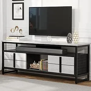 YITAHOME LED TV Stand for TVs up to 65 Inch, Entertainment Center with Shelf, Wood TV Media Console with Sturdy Metal Legs for Living Room, 300lbs Capacity, White Oak/Black, 59.5"