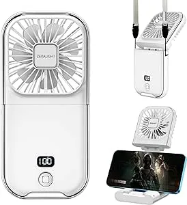 Upgraded 5-in-1 Portable Handheld Fan, Necklace Fan, Mini Desk Fan, Foldable Phone Stand, Emergency Backup Power, Quiet USB Rechargeable Personal Fans with LED Digital Screen (White)