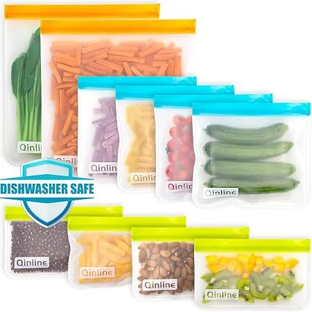 Reusable Food Storage Bags - 10 Pack Freezer Bags, BPA Free Reusable Bags Silicone, EXTRA THICK Leakproof Reusable Lunch Bag for Salad Fruit Travel - 2 Gallon 4 Sandwich 4 Snack Bags