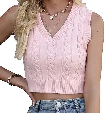 Women's V-Neck Knit Sweater Vest Solid Color Sleeveless Crop Knit Vest Sweaters