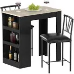 VECELO Small Bar Table and Chairs Tall Kitchen Breakfast Nook with Stools/Dining Set for 2, Storage Shelves, Space-Saving, Brown