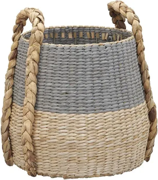 HOUSEHOLD ESSENTIALS Natural and Black Round Terra Braid Cattail and Paper Rope Decorative Wicker Storage Basket ML-6617