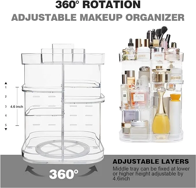 AMEITECH 360-Degree Makeup Organizer, DIY Adjustable Rotating Cosmetic Storage Carousel Spinning Holder Storage Rack with 5 Layers Large Capacity, Best for Countertop, Square