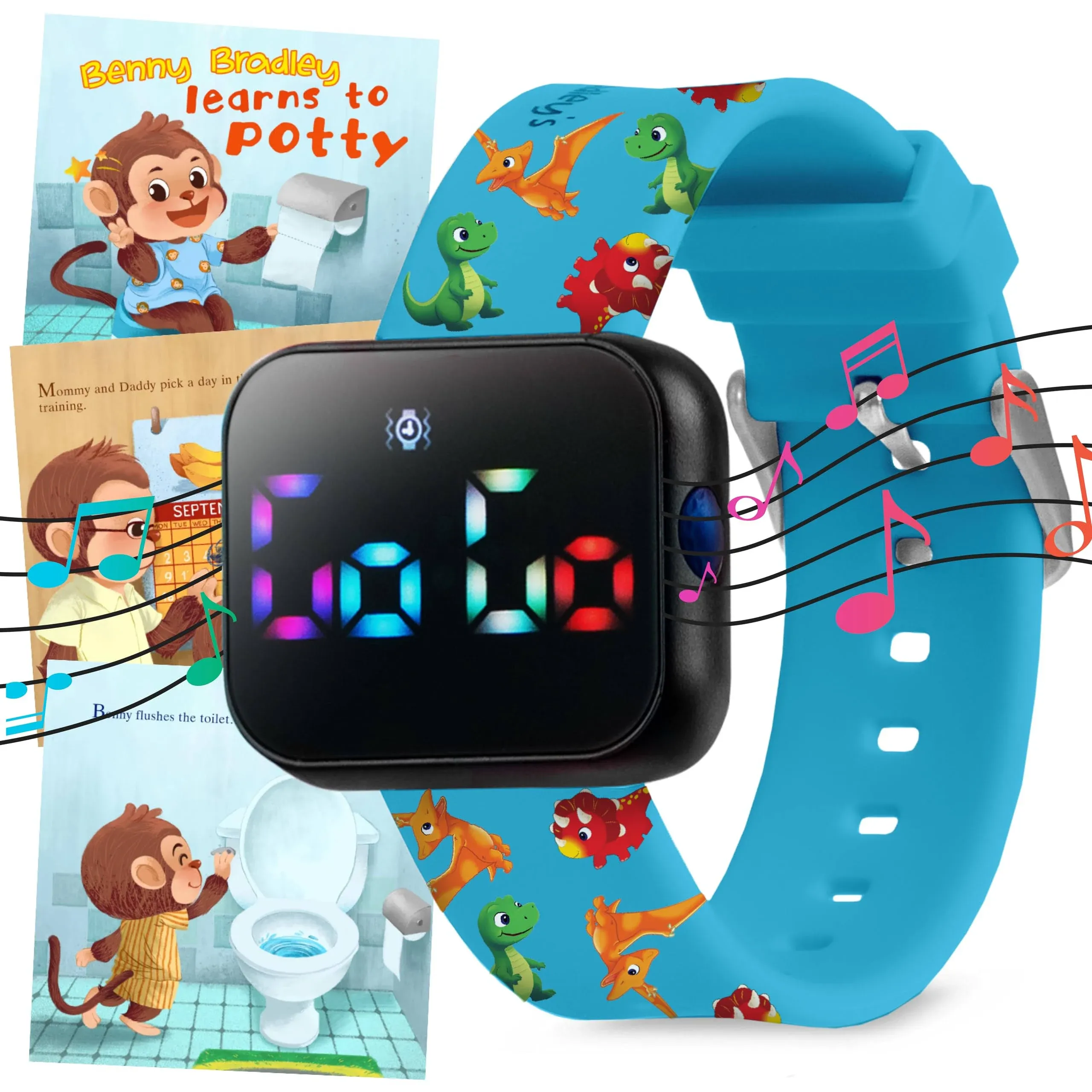 Potty Training Watch for Kids V2 – A Water Resistant Potty Reminder Device for Boys & Girls to Train Your Toddler with Fun/Musical & Vibration Interval Reminder with Potty Training eBook (Dino)