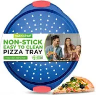 NutriChef Non-Stick Pizza Pan Deluxe Nonstick Blue Coating Inside & Outside With Red Silicone Handles