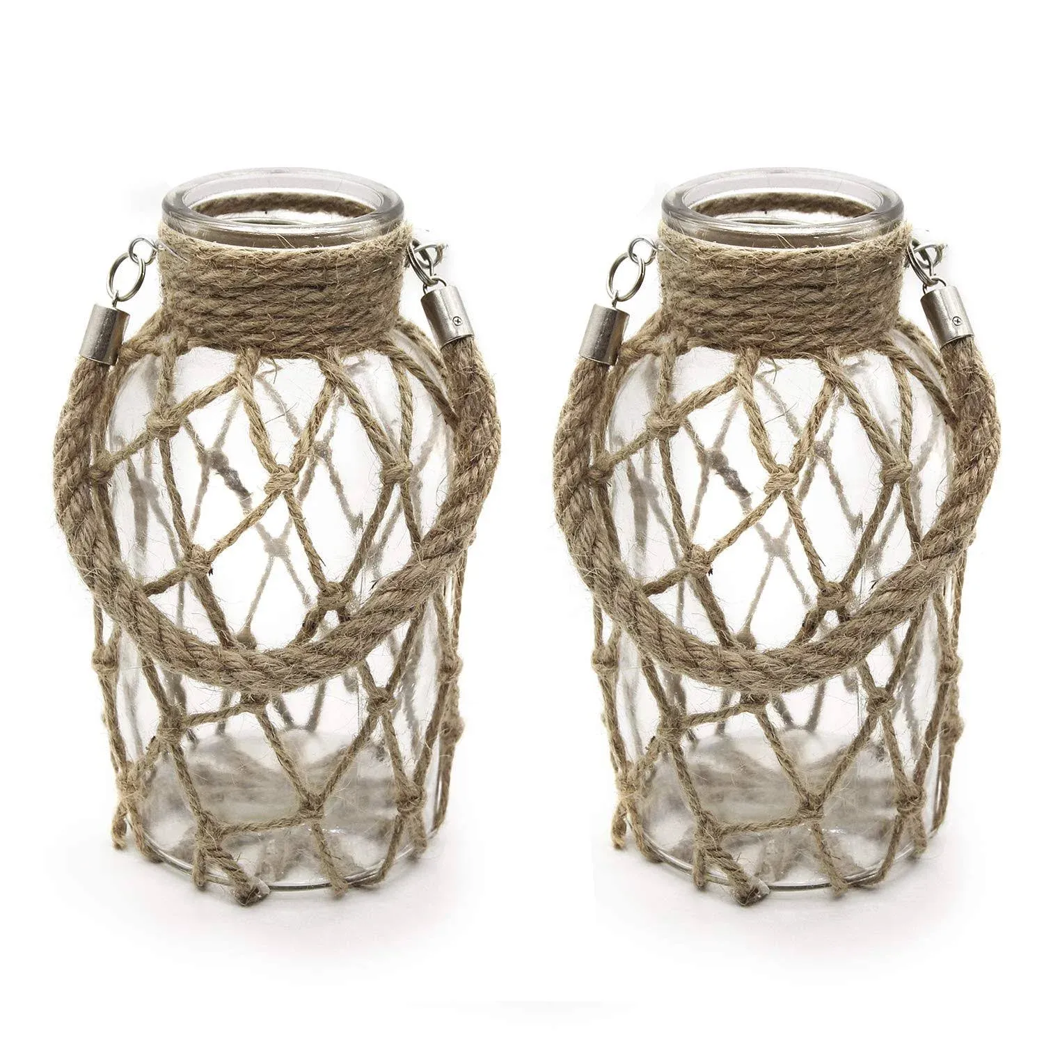 Rustic Hanging Mason Nautical Jar Rope Net Dry Flower Glass Vase with Handle Pack of 2 (2 Vase 8")